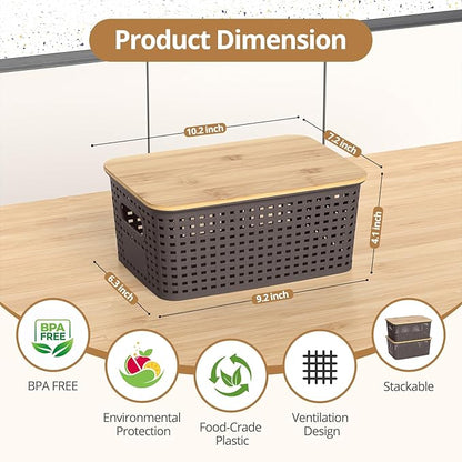 Plastic Storage Baskets with Bamboo Lids, Stackable Small Box Bins for Organizing and Containers for Shelves Drawers Desktop Closet Pantry Classroom Office Home, 6 Pack 10.2x7.2x4.1 Inch, Brown