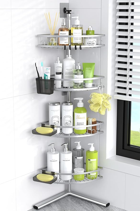 Aitatty Standing Shower Caddy Corner: 4-tier Rustproof Shower Organizer Shelf - Floor Shower Corner Shelf Rack Stand for Bathroom Chrome