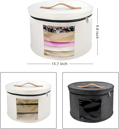 VanlonPro Large Hat Storage Box for Women & Men, 16" D x 10" H Hat Box Organizer，Foldable Round Travel Hat Boxes with Dustproof Lid, Stuffed Toy Storage Bin Bag (Off-white)