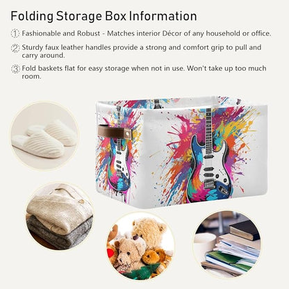 Storage Basket Colorful Guitar Painting Durable Canvas Collapsible Toy Box Organizer Bin with Handles for Shelf Closet Bedroom Home Office