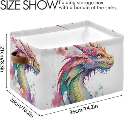 Large Storage Basket Watercolor Dragon Cube Storage Bin Canvas Fabric Organizer Handles Collapsible for Clothes Toys Bedroom Decorative