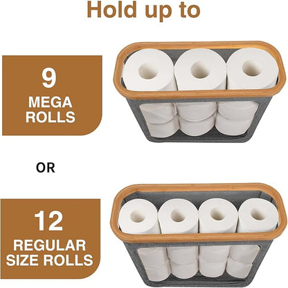 Toilet Paper Storage with Bamboo Lid,Foldable Basket Organizer for Bathroom, Holds 9 Mega/12 Regular Rolls, Waterproof Toilet Paper Holder Storage with Non-Slip Base,Gray