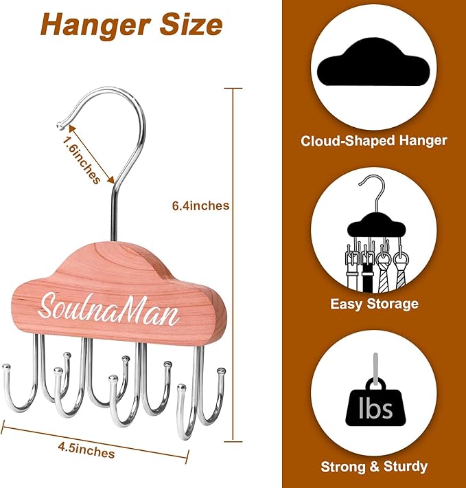 Cedar Wooden Belt Hanger,Belt Organizer,2 PCS Belt Hanger for Closet,Tie Organizer for Men with 8 Hooks,Tie Rack for Belt, Bra, Tank Top, Tie, Hat, Purse