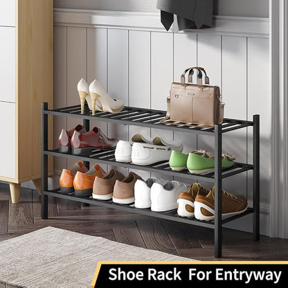 Long Shoe Rack, 3-Tier Bamboo Stackable Shoe Shelf Storage Organizer, Shoe Stand for Closet, Entryway and Hallway