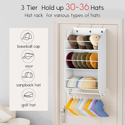 Homsorout Over the Door Hat Rack - 3-Layer Design Hat Organizer Holds 30-36 Hats with 10 Hooks, Ideal Hat Rack for Door, Over the Door Organizer for Closet, Apartment, Bedroom, Dorm, 2 Pack, White