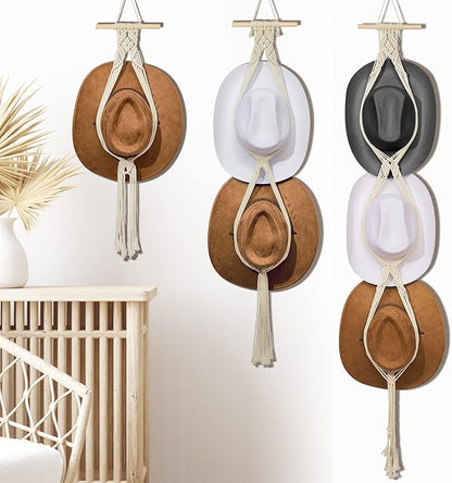 Yulejo 3 Pieces Macrame Hat Hanger Boho Hat Hanger for Wall Cowgirl Organizer Hand Weaving Display Rack Decoration Holder for Wide Brim and Fedoras Baseball