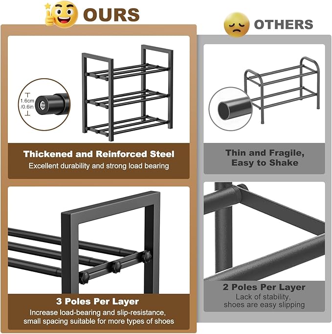 Roylvan 3-Tire Expandable Shoe Rack for Closet, 17"-31" Adjustable Free Standing Shoe Shelf Storage Fits 6-12 Pairs Shoes, Heavy Duty Reinforced Metal Shoes Organizer for Entryway Doorway Dorm