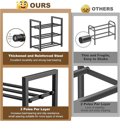 Roylvan 3-Tire Expandable Shoe Rack for Closet, 17"-31" Adjustable Free Standing Shoe Shelf Storage Fits 6-12 Pairs Shoes, Heavy Duty Reinforced Metal Shoes Organizer for Entryway Doorway Dorm