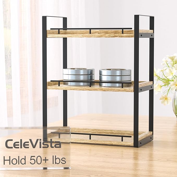 Bathroom Counter Organizer, 3 Tier Wood Countertop Shelf for Vanity, Skincare, Makeup, Kitchen Coffee and Sink Storage, with Durable Metal Bracket (Rustic Brown)