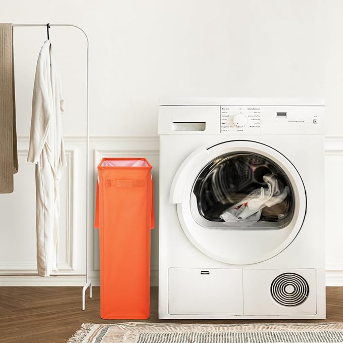 Odonata Slim Laundry Hamper Handles Collapsible Laundry Basket Thin Dirty Clothes Basket Narrow Laundry Bag Foldable Dirty Hamper 45L (Orange)