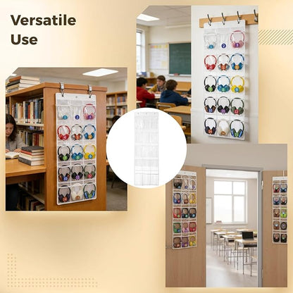 2 Pcs Over The Door Hanging Headphone Organizer, 30 Clear Pockets, 52 x 18.1 in PVC Pocket Chart with Stickers & Hooks, for Headphone Cell Phone Storage