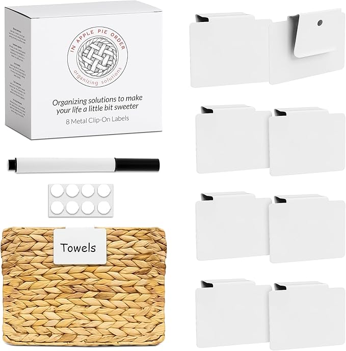 Labels for Storage Bins | Metal Storage Bin Clips (2.5” x 3.5”) - Set of 8 Basket Clip On Tags for Storage Bins w/Non-Slip Grip Pads & Dry Erase Marker - Removable Bin Labels for Storage Baskets