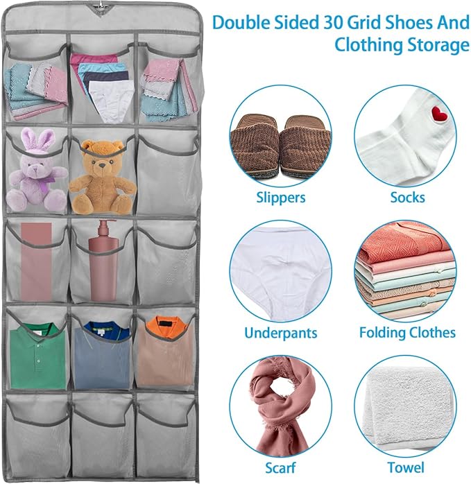 3Pcs 30 Large Pockets Dual Sided Hanging Shoe Organizer Double-Side Closet Storage Shelves with Rotating Hanger Space Saving Storage Bag Portable Shoe Rack Holder for Bedroom Laundry Room,Gray