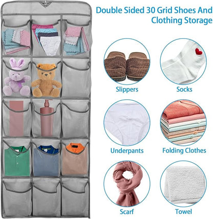 3Pcs 30 Large Pockets Dual Sided Hanging Shoe Organizer Double-Side Closet Storage Shelves with Rotating Hanger Space Saving Storage Bag Portable Shoe Rack Holder for Bedroom Laundry Room,Gray