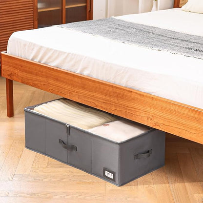 Freebat 10" High Under Bed Storage Containers, Underbed Container with Clear Lid Cover & Label Holder, Storage Bag Box with Visiable Window for Clothes, Bedsheet, Pillow, 2 Pack(Gray)