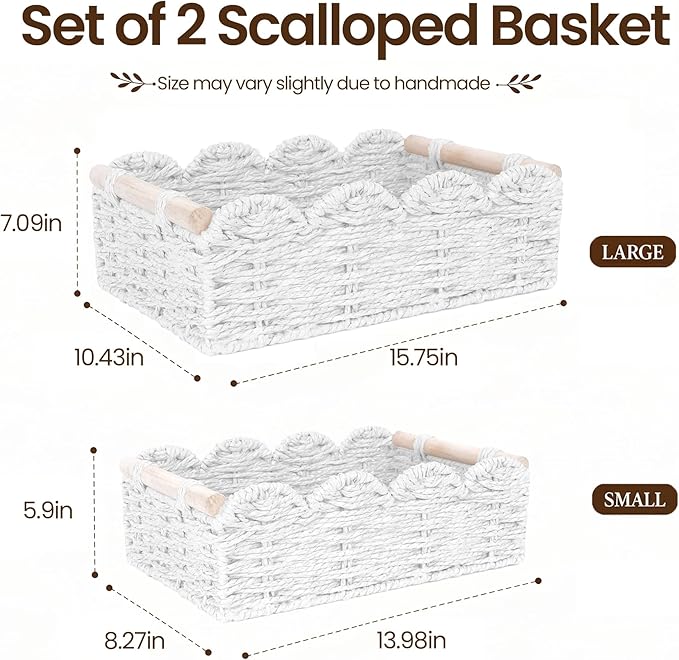 iEGrow Paper Rope Small Storage Baskets for Organizing, Set of 2 Scalloped Edge Wicker Basket with Wooden Handles Toilet Paper Basket for Over Toilet Storage Shelf, Home Decor, Living Room (White)