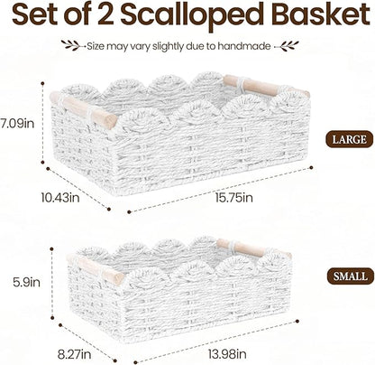iEGrow Paper Rope Small Storage Baskets for Organizing, Set of 2 Scalloped Edge Wicker Basket with Wooden Handles Toilet Paper Basket for Over Toilet Storage Shelf, Home Decor, Living Room (White)