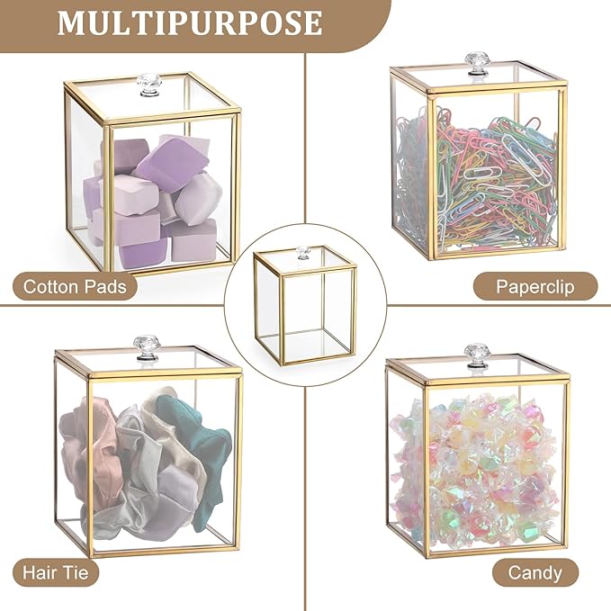 Hipiwe Gold Glass Vanity Box Vintage Apothecary Jars with Lids Cotton Pad Dispenser Qtip Holder Cotton Ball Swab Round Organizer Bathroom Canister Storage Jar for Q-tip, 3.9" L x 3.9" W x 4.7" H