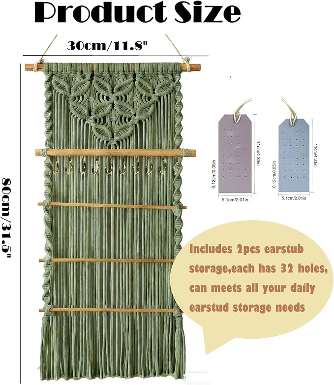 Macrame Jewelry Hanger, Hanging Jewelry Organizer,Boho Earring Holder Wall Mounted Necklace Holder, Tapestry Earrings Display, Bracelet Storage Minimalist Decor Tassel for Women Room (Sage Green)