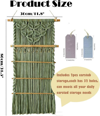 Macrame Jewelry Hanger, Hanging Jewelry Organizer,Boho Earring Holder Wall Mounted Necklace Holder, Tapestry Earrings Display, Bracelet Storage Minimalist Decor Tassel for Women Room (Sage Green)