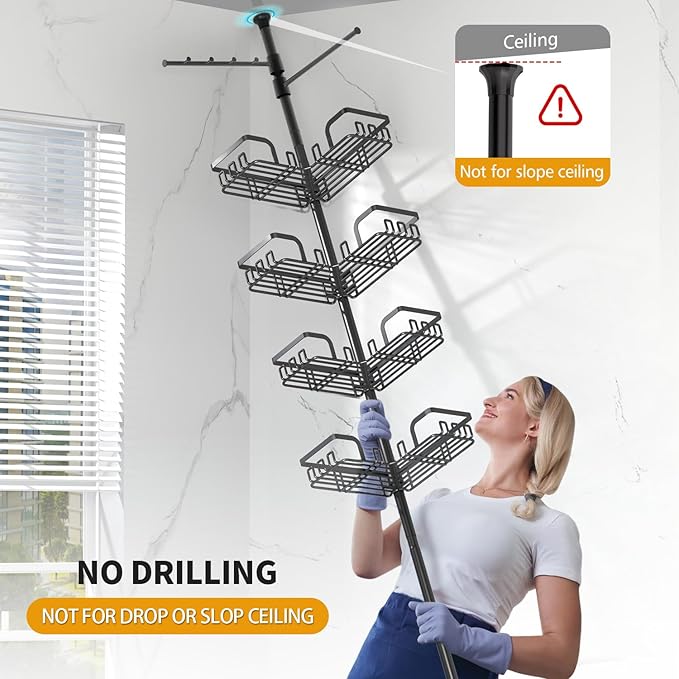 KEGII Shower Caddy Tension Pole with 2 Towel Bars, Corner Shower Organizer Shelves for Bathtub Shampoo Storage, Adjustable Shower Tension Rod with Razor Holder & Hooks