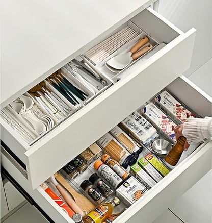 Retractable Drawer Storage Box - 6 Detachable Dividers with 2.04 Inch Shallow Drawer Height PET for Kitchen Utensils, Cosmetics, Office Supplies Storage (10.43 Inch L,20.27 Inch)