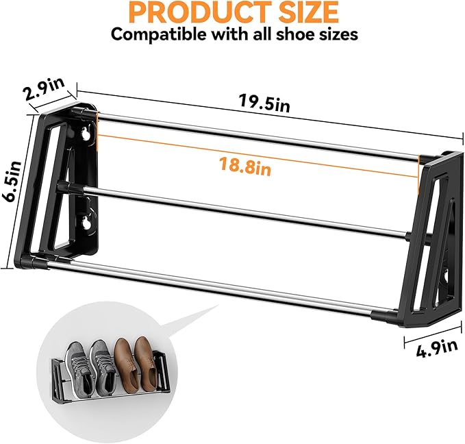 Wall Mounted Shoe Rack, 3 Pack Wall Shoe Rack Holds 6 pairs of shoes with Sticky Adhesive Strips, shoe organizer Space Saving Slim Organizer Racks Wall Mount Shoe Storage for Camper shoe hanger Black