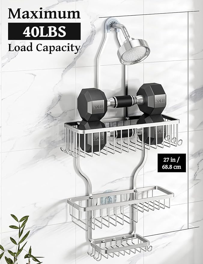 YASONIC Never-Rust Aluminum Hanging Shower Caddy – Over-the-Showerhead Organizer with 10 Hooks for Razor and Sponge – Includes Soap Basket – Silver