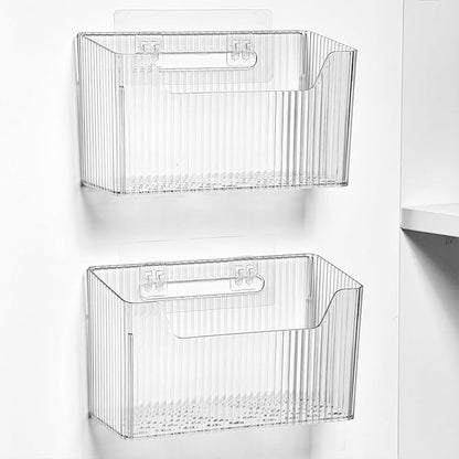 Sinnsally 2 Pack Cabinet Door Organizer,Self Adhesive Lid Organizer Inside Cabinet Storage Boxes,Stackable Hanging Basket Bins Wall Mounted Shower Caddy Holder for Kitchen,Bathroom,Pantry(Clear White)