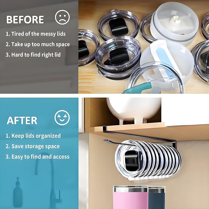 Tumbler Lid Organizer, Shallower Space Saving Yeti Lid Organizer Inside Cabinet, No Drill No Adhesive Cup Lid Holder, Yeti Tumbler Lid Holder for Kitchen Cabinet Organizers and Storage, 12 Lids