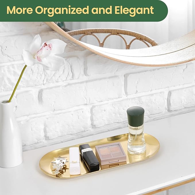2PACK Gold Decorative Tray, Bathroom Vanity Tray for Dresser Counter, Stainless Steel Jewelry Dish Tray for Decor, Perfume Ring Key Candle Organizer Tray, Oval