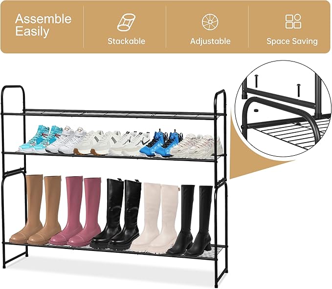 KEETDY 2-Tier Long Shoe Rack for Closet Metal Shoe Organizer for Entryway, Wide Stackable Shoe Storage Shelf with Sturdy Wire Grid for Closet Floor, Bedroom, Black