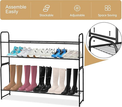 KEETDY 2-Tier Long Shoe Rack for Closet Metal Shoe Organizer for Entryway, Wide Stackable Shoe Storage Shelf with Sturdy Wire Grid for Closet Floor, Bedroom, Black