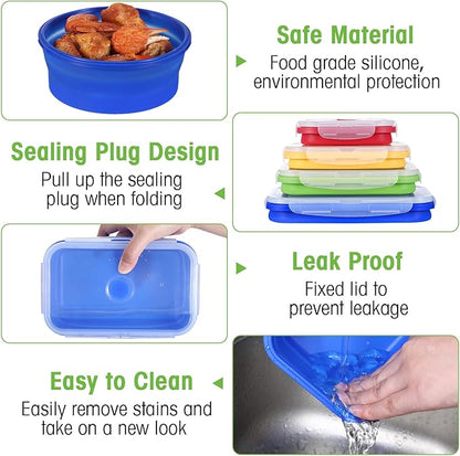 Yaomiao 16 Pack Collapsible Food Storage Containers with Lid Foldable 8 Pcs Rectangle Storage Bowl and 8 Pcs Round Silicone Food Bow for Lunch Camping Rv Accessories Microwave Freezer(Bright Colors)