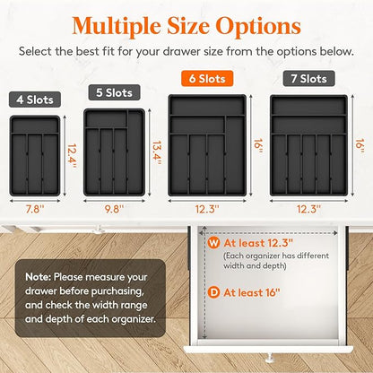Lifewit Silverware Drawer Organizer Tray, Plastic Cutlery Storage for Kitchen, Flatware and Utensil Holder Divider for Spoons Forks Knives Tableware, 12.3 x 16", 6 Slots, Black