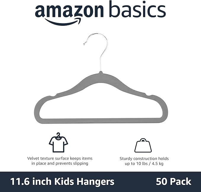 Amazon Basics Kids Velvet, Non-Slip Clothes Hangers for Infant and Toddler, 11.6 inches (for Baby Clothes), Gray (Pack of 4)