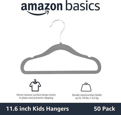 Amazon Basics Kids Space Saving Velvet Non-Slip Clothes Hangers with Shoulder Notches for Infant and Toddler, Sturdy, 11.6", Gray, 50-Pack