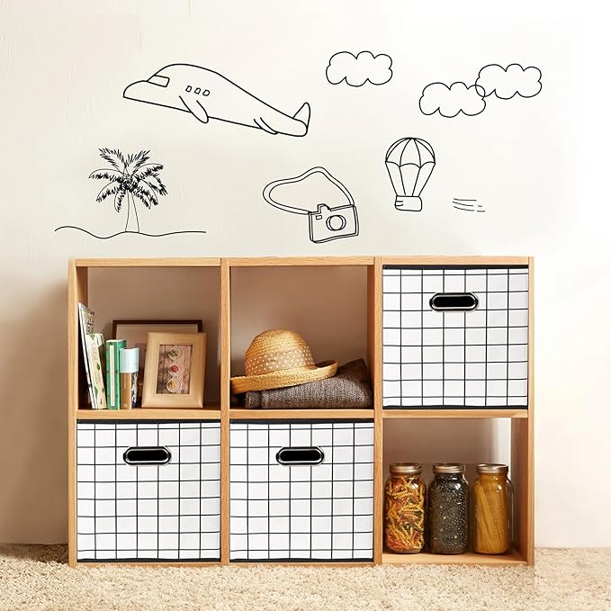 Fabric Cloth Storage Bins,Fabric Cube Organizer with Dual Handles Foldable Cube Storage Baskets for Home Bedroom Storage,Set of 6,(White grid)