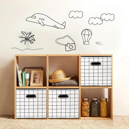 Fabric Cloth Storage Bins,Fabric Cube Organizer with Dual Handles Foldable Cube Storage Baskets for Home Bedroom Storage,Set of 6,(White grid)