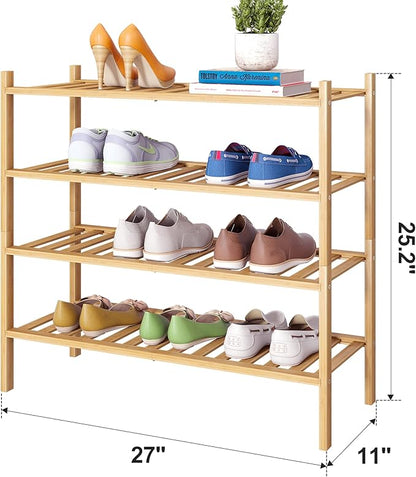 Bamboo Shoe Rack Stackable Shoe Shelf Storage Organizer for Unit Entryway Hallway and Closet Sturdy Freestanding Shoe Shelf (4 Tier Natural)