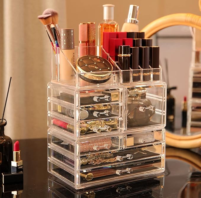 Cq acrylic 3 Pack Clear Makeup Organizer for Vanity,Countertop,Stackable 8 Drawers Cosmetic Storage for Hair Clip,Jewelry,Lipstick,Makeup Brush,Beauty Product Desk and Bathroom Skincare Organizers