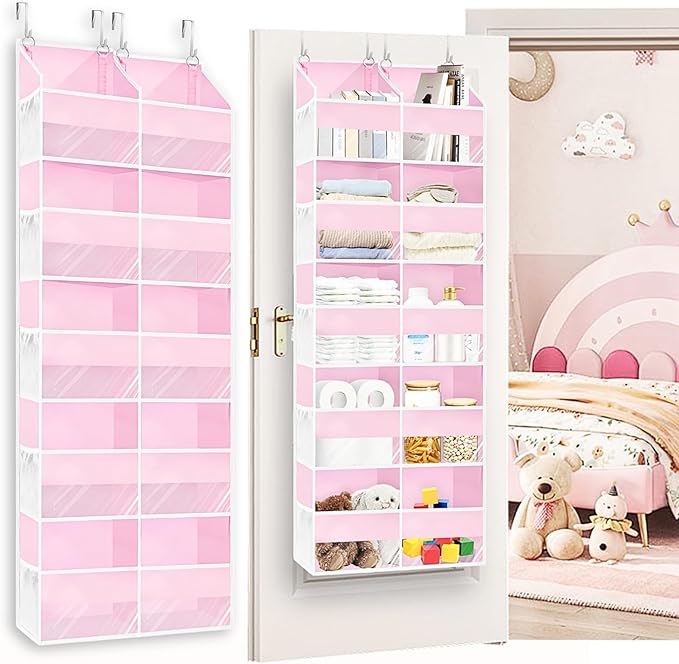 Ofiray-home Pink Over The Door Organizer 5 Tiers, Extra Large Behind Door Storage of 10 Compartments, 50 lbs Weight Capacity Over The Door Storage for Closet, Diaper Organizer