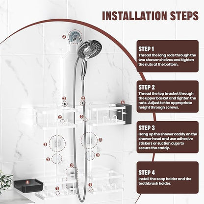 REINHARDT Adjustable Shower Caddy Hanging Rustproof Shower Caddy for Handheld Showerheads, Shower Organizer with Hooks Soap Holder Toothbrush Holder, Anti-Swing Shower Rack Bathroom Accessories, White