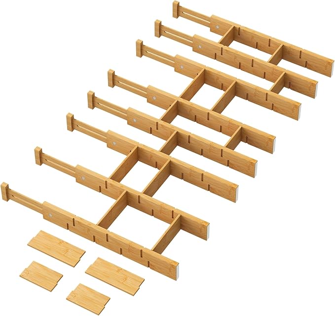 kiplant Bamboo Drawer Dividers - Adjustable Drawer Dividers for Clothes, Kitchen, Closet & Office - 8 Pack with Inserts, 18-22.6 Inches, Non-Slip Silicone Ends