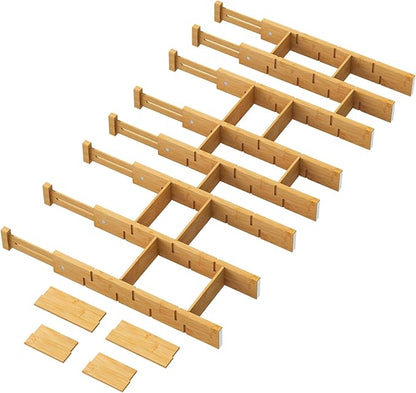 kiplant Bamboo Drawer Dividers - Adjustable Drawer Dividers for Clothes, Kitchen, Closet & Office - 8 Pack with Inserts, 18-22.6 Inches, Non-Slip Silicone Ends