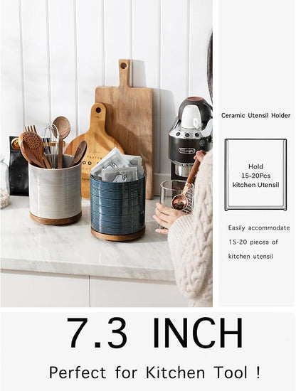 Utensil Holder, 360° Rotating Extra Large Ceramic Kitchen Utensil Holder for Countertop, 7.3“ Cooking Utensil Crocks for Kitchen Counter with Rotatable Wooden Base, Farmhouse Decor, Grey
