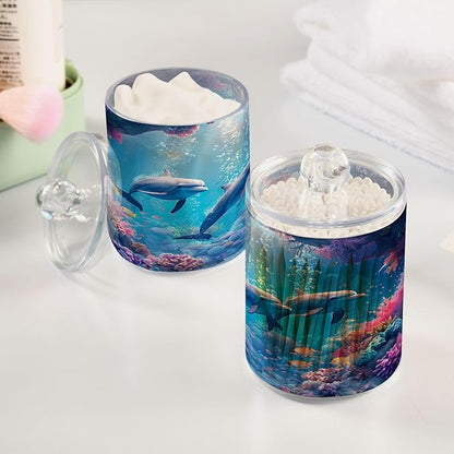 2 Pack Qtip Holder Dispenser Ocean Dolphins 10 Oz Bathroom Organizer with Lids Storage Canister for Cotton Ball,Cotton Swab,Cotton Round Pads,Floss