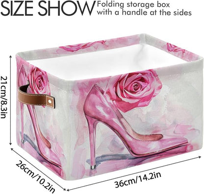 Large Storage Basket High Heel Pink Rose Storage Bin Cube Canvas Fabric Organizer Handles Collapsible for Clothes Toys Bedroom Decorative