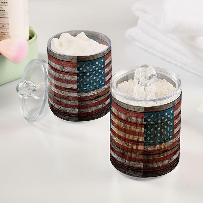 Gredecor 2 Pack Qtip Holder Clear Retro Americana Flag Apothecary Jars with Lids Acrylic Bathroom Jars Vanity Countertop Canister Storage Organizer for Cotton Ball,Swabs,Pads,Floss