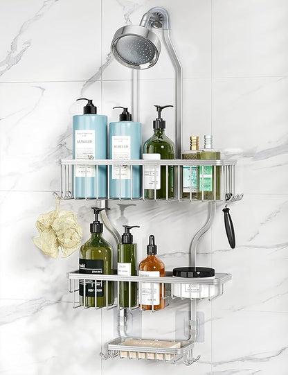 YASONIC Never-Rust Aluminum Hanging Shower Caddy – Over-the-Showerhead Organizer with 10 Hooks for Razor and Sponge – Includes Soap Basket – Silver